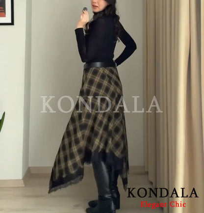 KONDALA Vintage Chic Lady Midi Skirt Plaid Lace Long Skirt Women New 2026 Spring Summer Elegant Commute Dinner Party Lady Skirt