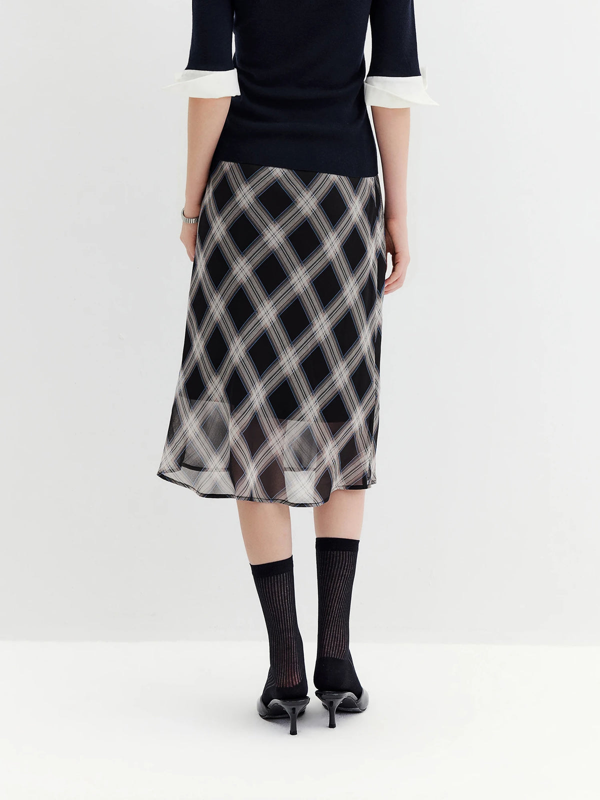 FSLE 2026 Fall Women's Vintage Contrast Plaid Elastic Waist Flowy Chiffon Straight Midi Skirt - Casual Chic Everyday Style