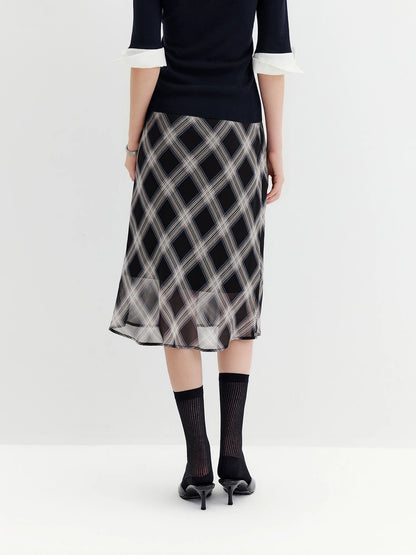 FSLE 2026 Fall Women's Vintage Contrast Plaid Elastic Waist Flowy Chiffon Straight Midi Skirt - Casual Chic Everyday Style