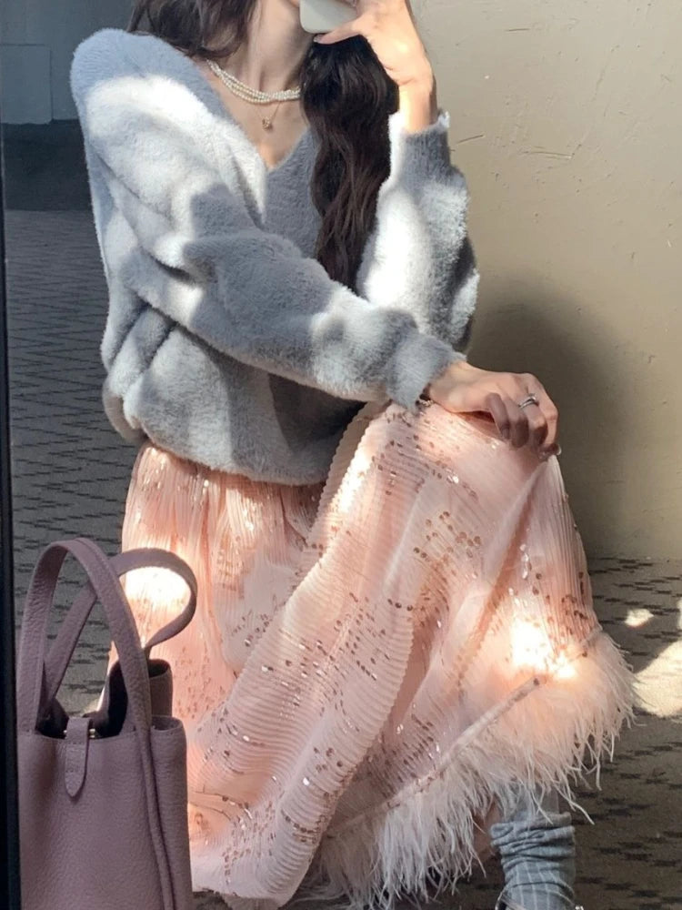 American Vintage Pink Sequin Maxi Skirt Women High Waist Slim Fit Long Skirt Feather Hem Elegant Sweet Shiny Party Date Outfit