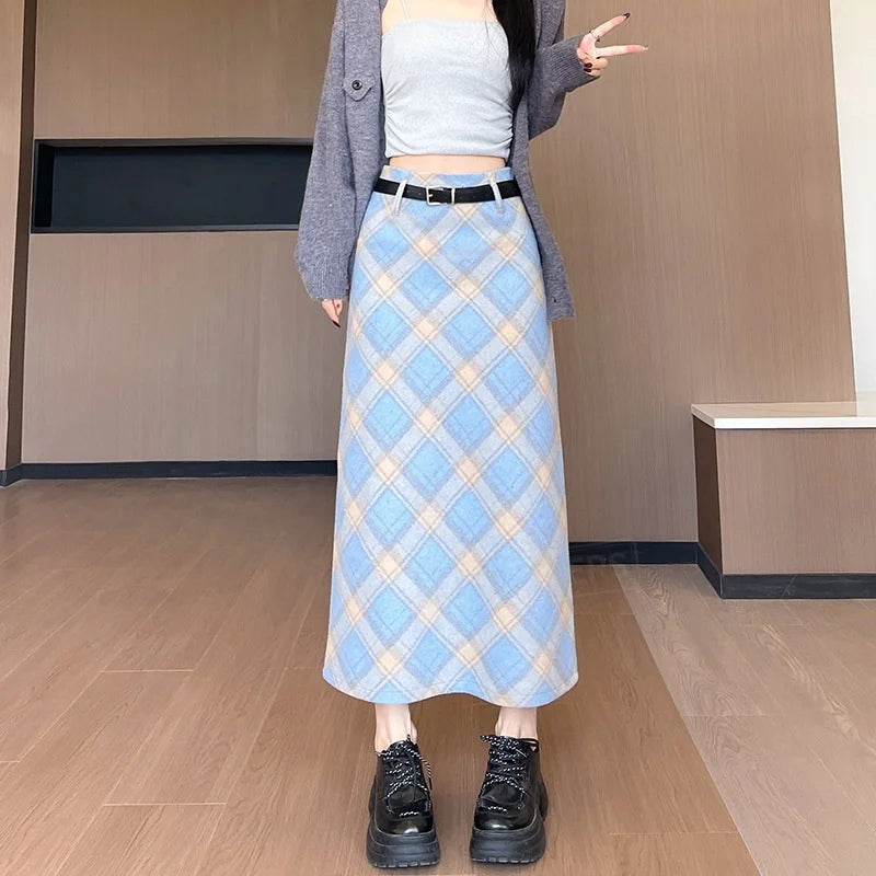 TFETTERS Women Christmas Red Plaid Midi Skirt Autumn Winter Woolen A Line Long Skirt High Waist Vintage Check Straight Skirt