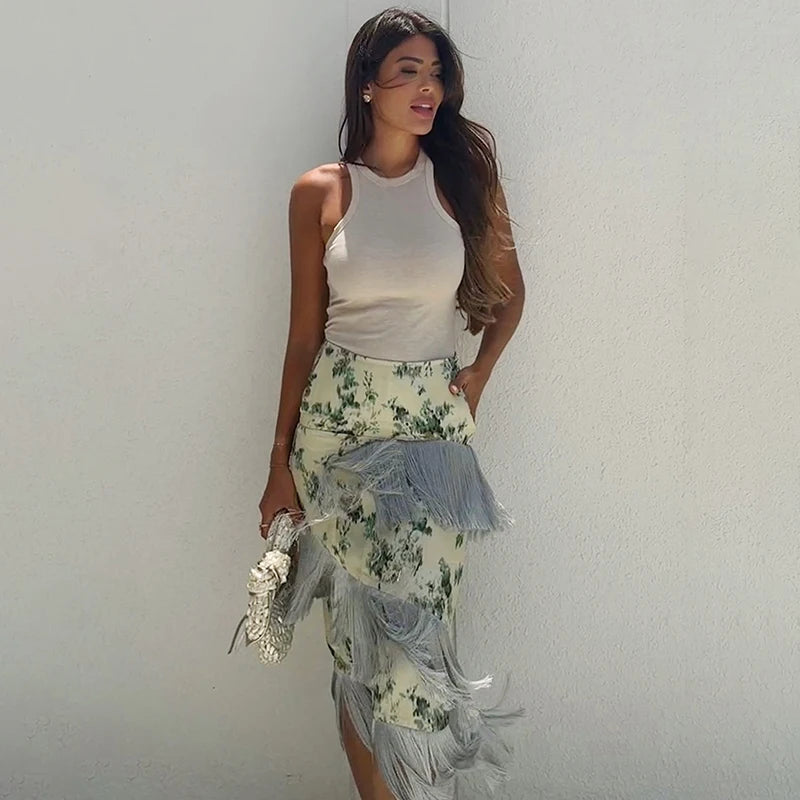 Women Chic High Waist Flower Print Dresses Asymmetric Tassel Border Splicing Bottom Dress Female Holiday Beach Party Long Skirt