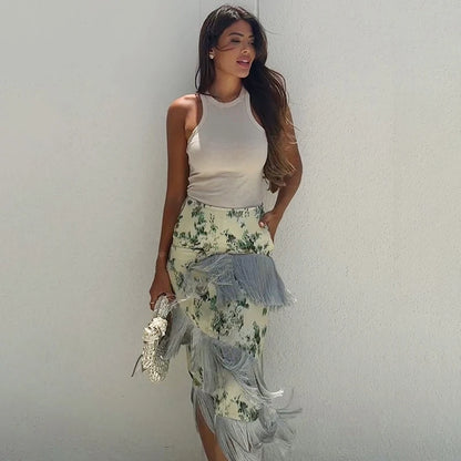 Women Chic High Waist Flower Print Dresses Asymmetric Tassel Border Splicing Bottom Dress Female Holiday Beach Party Long Skirt