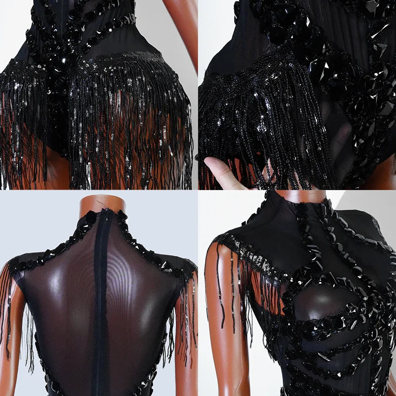 Black Sequins Fringes Leotard Mesh See through Party Bodysuit Women Sparkle Rhinestones Nightclub Prom Gogo Dance Stage Outfits