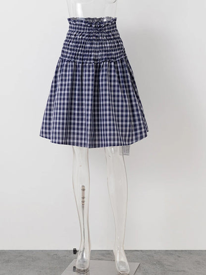 Blue Plaid Vintage Midi Skirt Women Summer New Elastic Waist Loose A-line Faldas Bottom Preppy Style Sweet Casual Long Skirts