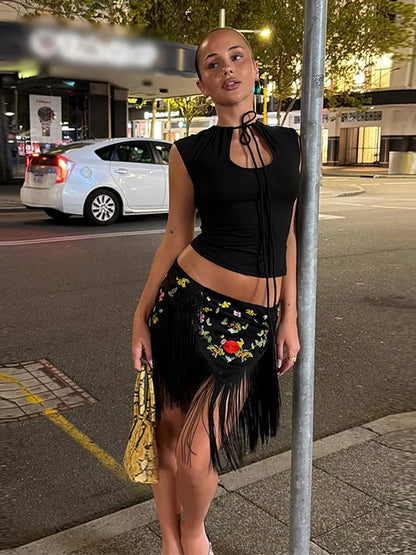 Floral Embroidery Fringe Wrap Mini Skirt Low Rise Self Tie Asymmetrical Hem 2026 Spring Summer Festival Women Boho Party Outfit