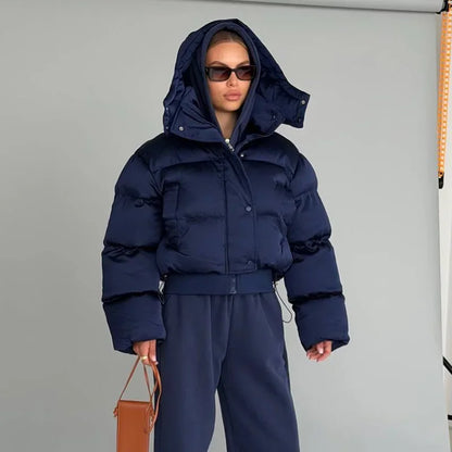 Detachable Sleeves Padded Coats Women's Hooded Zipper Pockets Stand Collar Thicken Jackets 2026 New Ladies Winter Solid Outwear