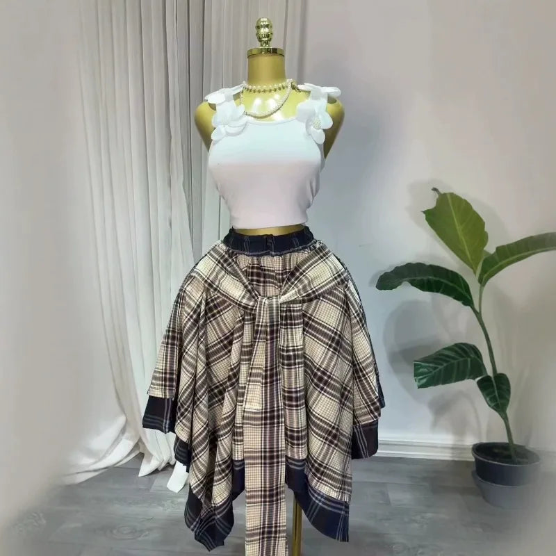 2026 Summer Women Plaid Midi Skirt High Waist Elastic Waist Tie Wrap Irregular Asymmetrical A-line Skirt Vintage Tartan Skirt