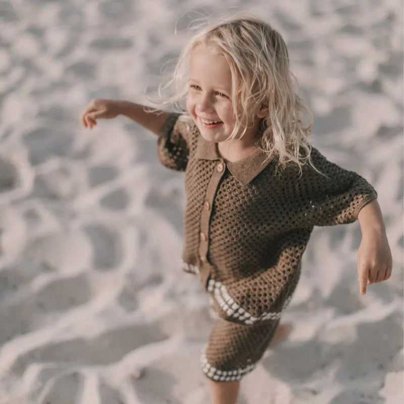Summer Baby Clothes Hollow Out Turn-down Collar Knitted Sweater Cardigan Shorts Set Baby Sweater Two-piece Set Dgukym