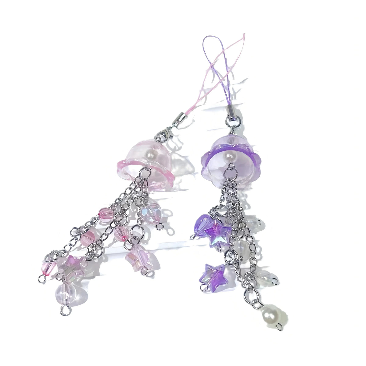 Purple Pink Jellyfish Key Chain Wind Chimes Star Heart Beaded Keyring for Phone Camera Earphone Case Charm Pendant Keycord