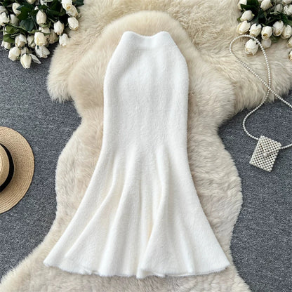 Women Faux Mink Knit Mermaid Skirt High Waist Soft Fuzzy Warm Sweater Skirt Fall Winter Elegant Bodycon Long Midi Skirts 636