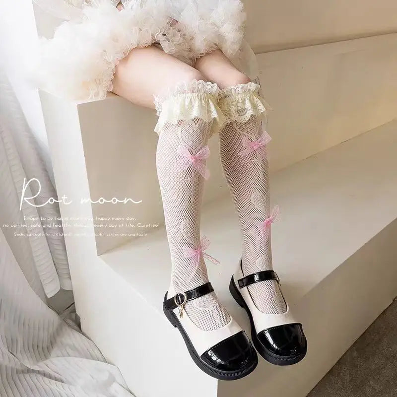 Girls Long Tube Lace Stockings Sweet Bow Jacquard Pattern Mesh Sock Baby Girl Ballet Fishing Net Frilly Socks Lolita Leggings