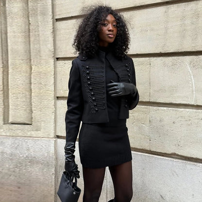 Fashion Black Court Style Cropped Jacket For Women Elegant O-neck Long Sleeve Double Breasted Coat Lady 2026 Spring Chic Outwear