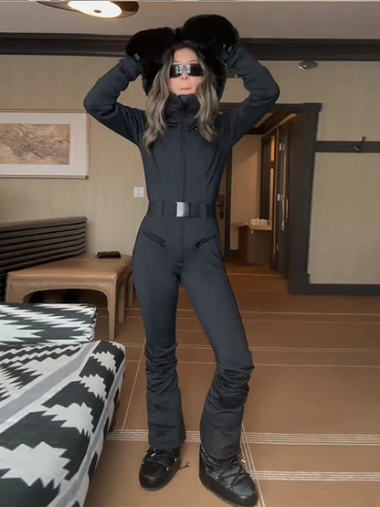 Fur-Trimmed Hooded Belted Ski Suit Slim Windproof Water-Resistant Long Sleeve 2025 Winter Fashion Women Fashion Snow Bodysuit