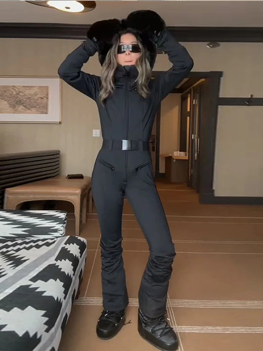 Fur-Trimmed Hooded Belted Ski Suit Slim Windproof Water-Resistant Long Sleeve 2025 Winter Fashion Women Fashion Snow Bodysuit