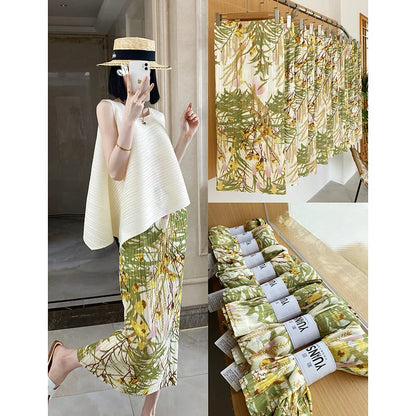 Women's Plus Size Summer New Arrival Elegant Classic Pleated Texture Lazy Style Floral Print Slit High Waist Slimming Skirt