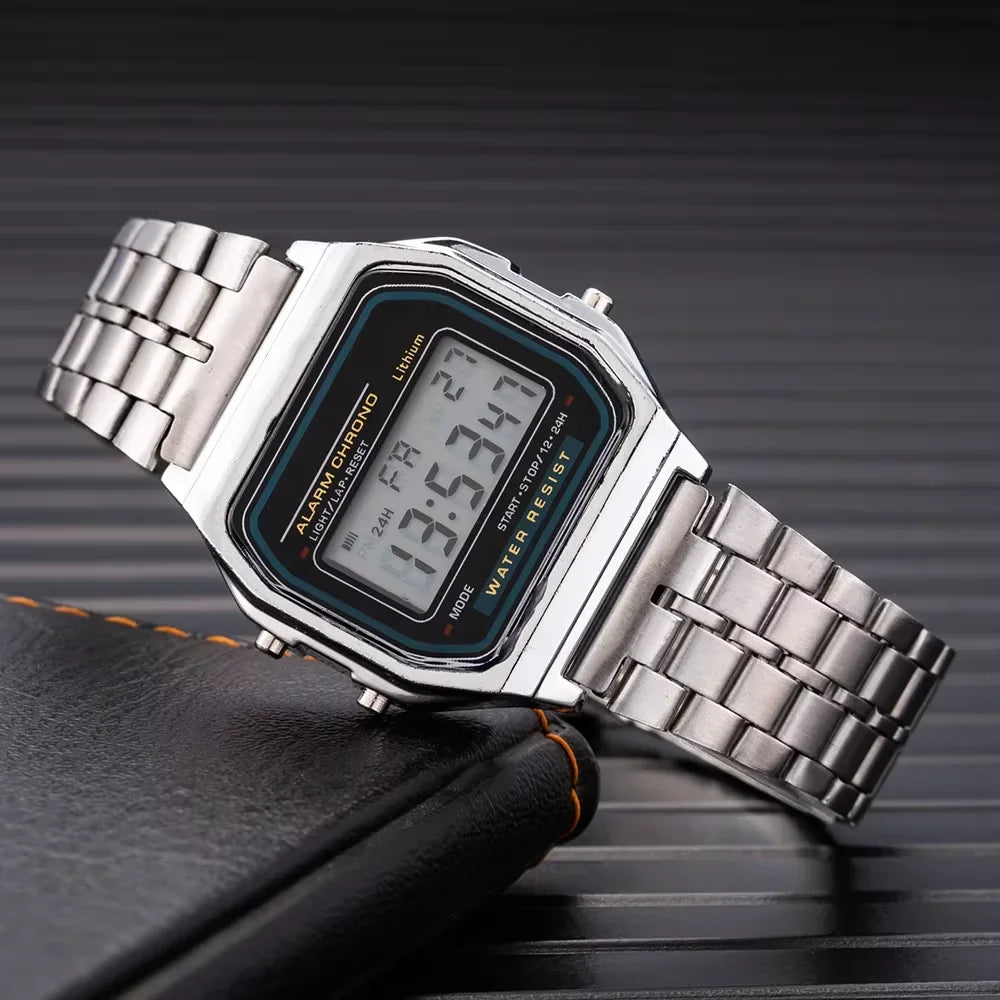 LED electronic watch with steel strip, small square, Harajuku style multifunctional watch