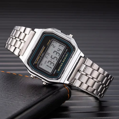 LED electronic watch with steel strip, small square, Harajuku style multifunctional watch