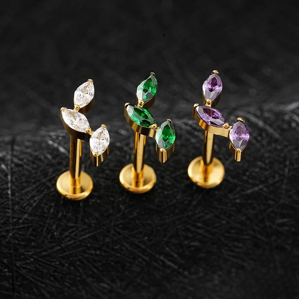 Right Grand ASTM F136 Titanium Triple Marquise Labret Stud 16G CZ Cluster Climber Cartilage Earring Tragus Helix Ear Piercing