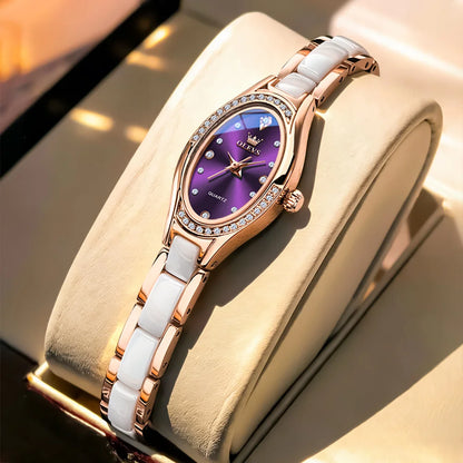 OLEVS Brand New Quartz Watch for Woman Elegant Luxury Ceramics Steel Strap Fashion Oval Diamond Dial Women's Waterproof Watches