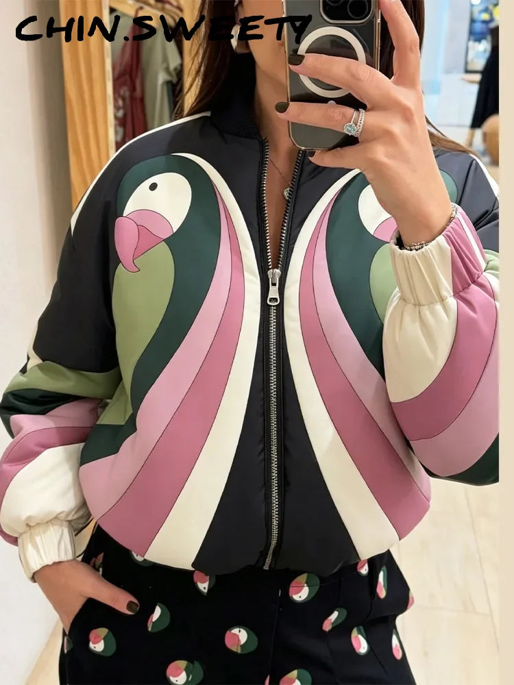 Casual Printed Women's Cotton Coats Zippers Stand Collar Thicken Loose Lady Short Coats 2026 Autumn Winter Fashion Female Top