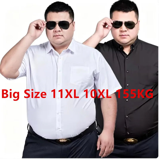 Plus Size 11XL 10XL Men's Business Shirt Casual Short Sleeve Summer Versatile Black-White Twill Plain Basic Social Formal 155KG