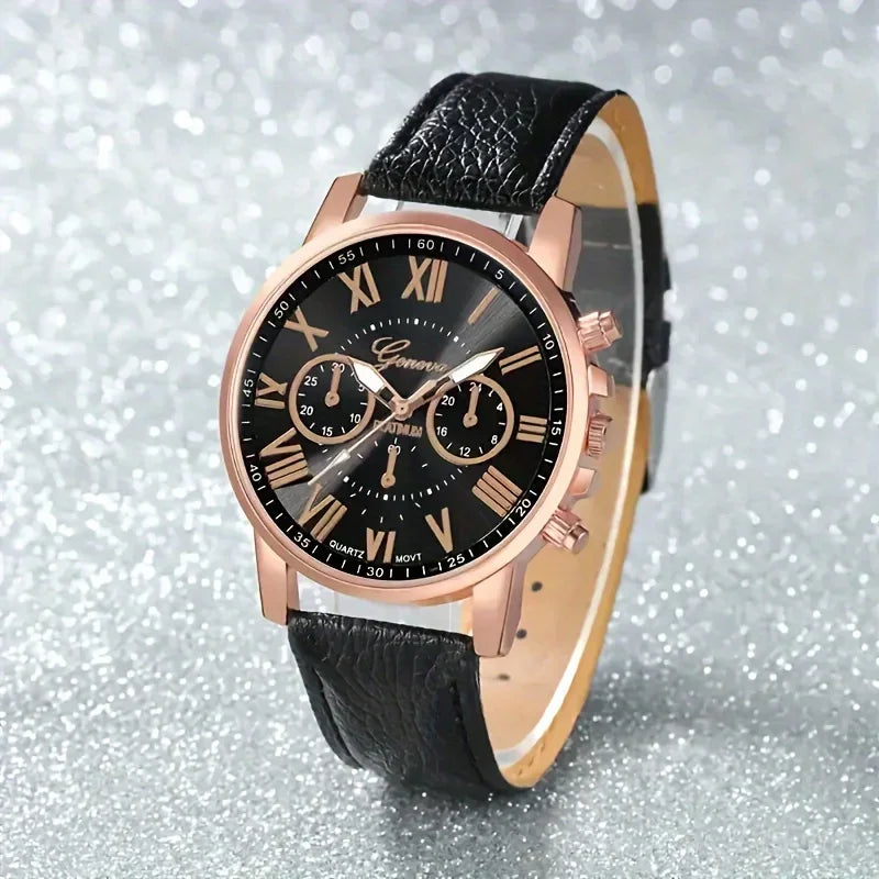 9-piece fashionable watch set, unisex quartz movement, round zinc alloy case, faux leather strap, none, mixed colors,