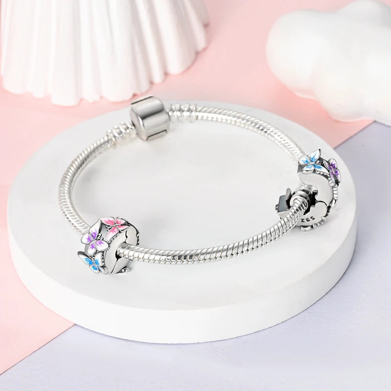 Original 925 Sterling Silver Clip Charm Inlaid Zircon Cat Butterfly Charm Silicone Spacer Beads For Women Bracelet DIY Jewelry