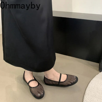 Designer Autumn Women Mesh Fabric Ballet Flat Shoes Fashion Shallow Elastic Band Ladies Comfort Soft Sole Mary Jane Shoes