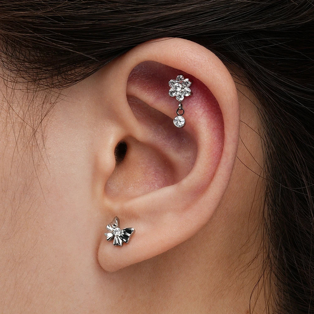 Right Grand ASTM F136 Titanium 16G Flower CZ Drop Dangle Flat Earring Tragus Helix Lobe Stud Piercing Jewelry