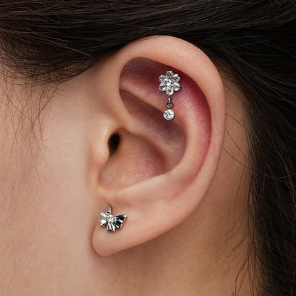 Right Grand ASTM F136 Titanium 16G Flower CZ Drop Dangle Flat Earring Tragus Helix Lobe Stud Piercing Jewelry