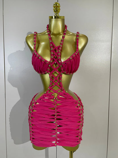 2026 Women Sexy White Halter Neck Perspective Hollow Mini Dresses Summer Backless Nightclub Party Evening Club Performance Dress
