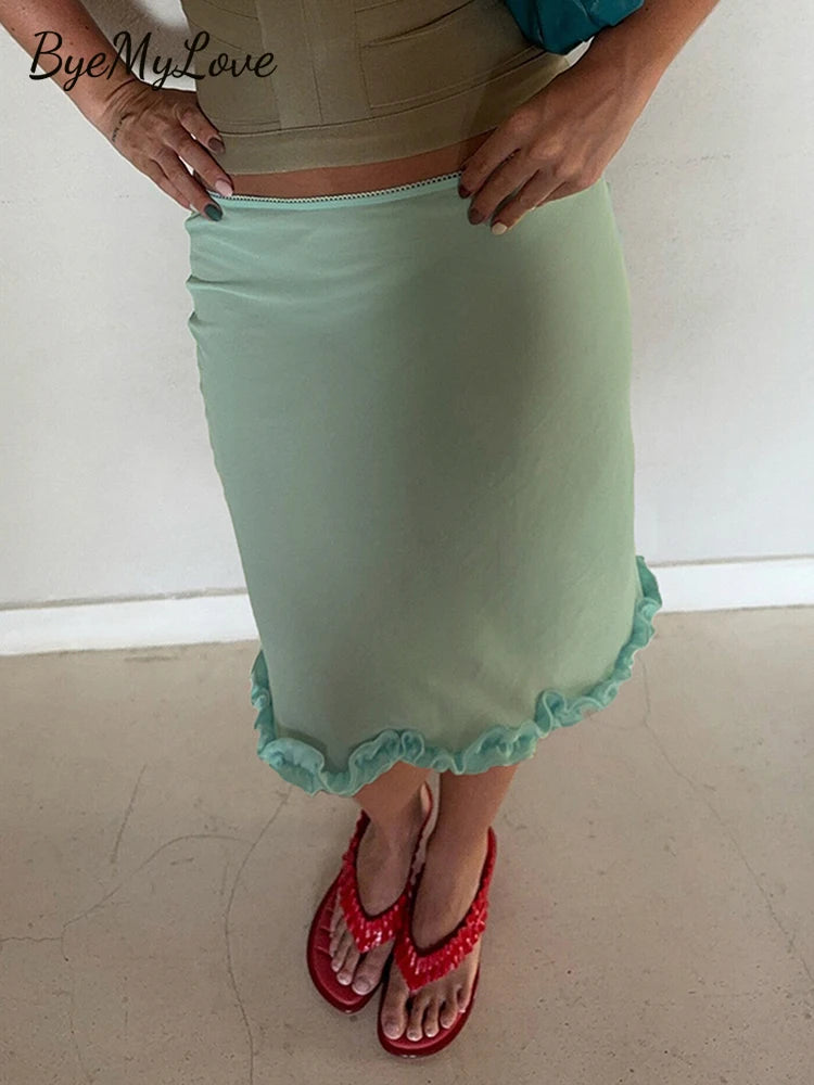 Women Y2K Mesh Midi Skirt Low Waist Ruffle Hem Slim Fit Solid Color Sheer Mid‑Calf Skirt Casual Streetwear Holiday Party Summer