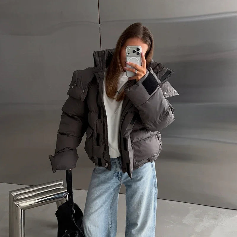 Casual Women's Puffy Hooded Cotton Coat Loose Long Sleeve Pockets Zipper Padded Coats 2026 Winter Lady Drawstring Warm Jackets