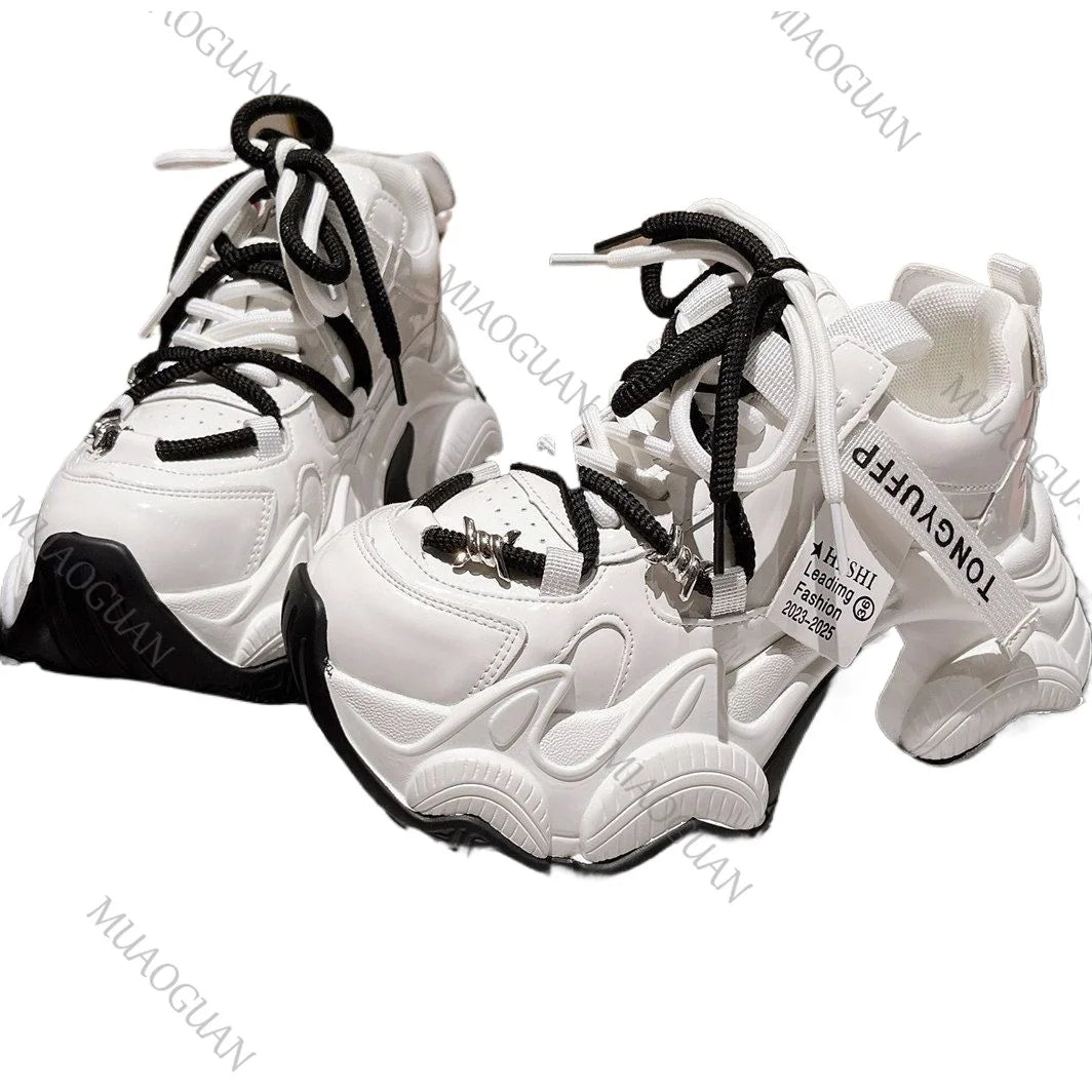 9CM Heavy Industry Leather Causal Sneakers Women Thick Sole Sports Vulcanized Dad Shoes Fashion Comfy Chunky Footwear For Femme
