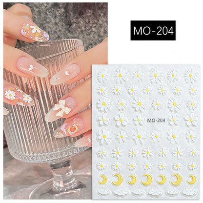 5D Embossed Nail Art Decals Elegant Petals Florals Daisy Flowers Leaves Adhesive Sliders Stickers For Manicure Tips Decoration