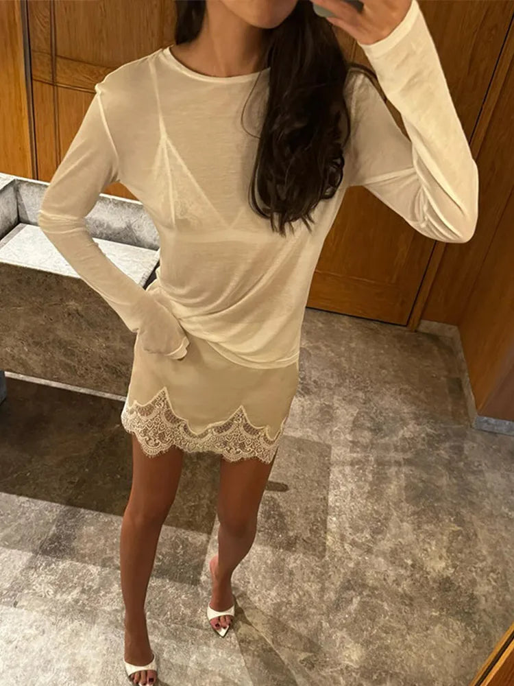 Elegant Women's Lace Satin Spliced Mini Skirt High Waist Short A-line Skirts Female 2025 Summer Autumn Lady Streetwear