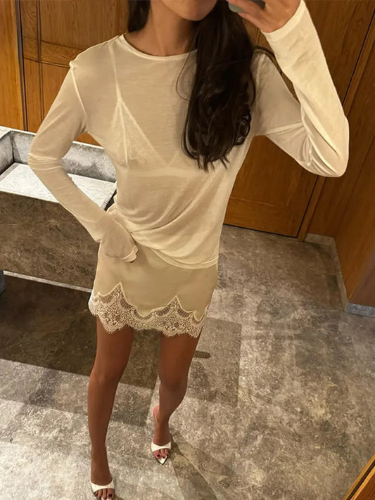 Elegant Women's Lace Satin Spliced Mini Skirt High Waist Short A-line Skirts Female 2025 Summer Autumn Lady Streetwear