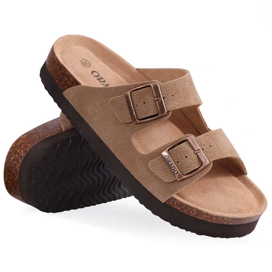 Kidmi New Men Sandals Men Double Buckle Sandals Cork Suede Men Slippers Outdoor Beach Slide Sandals Casual Soft Nonslip Sandals