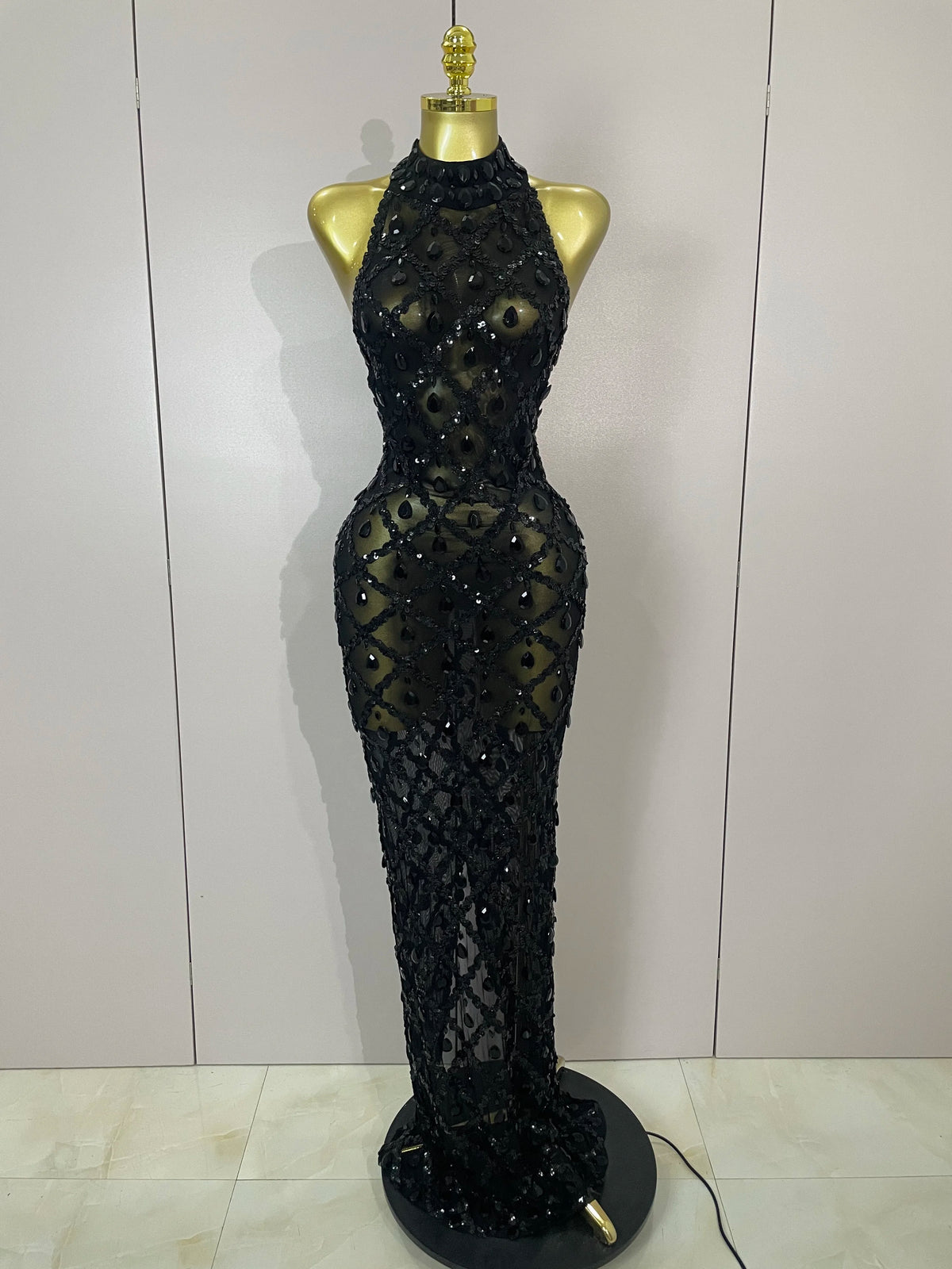 Newest Shiny Diamond Sequins Green Sexy Mesh Long Dress Women Celebrate Evening Prom Birthday Party Nightclub Stage Costume