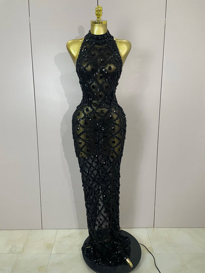 Newest Shiny Diamond Sequins Green Sexy Mesh Long Dress Women Celebrate Evening Prom Birthday Party Nightclub Stage Costume
