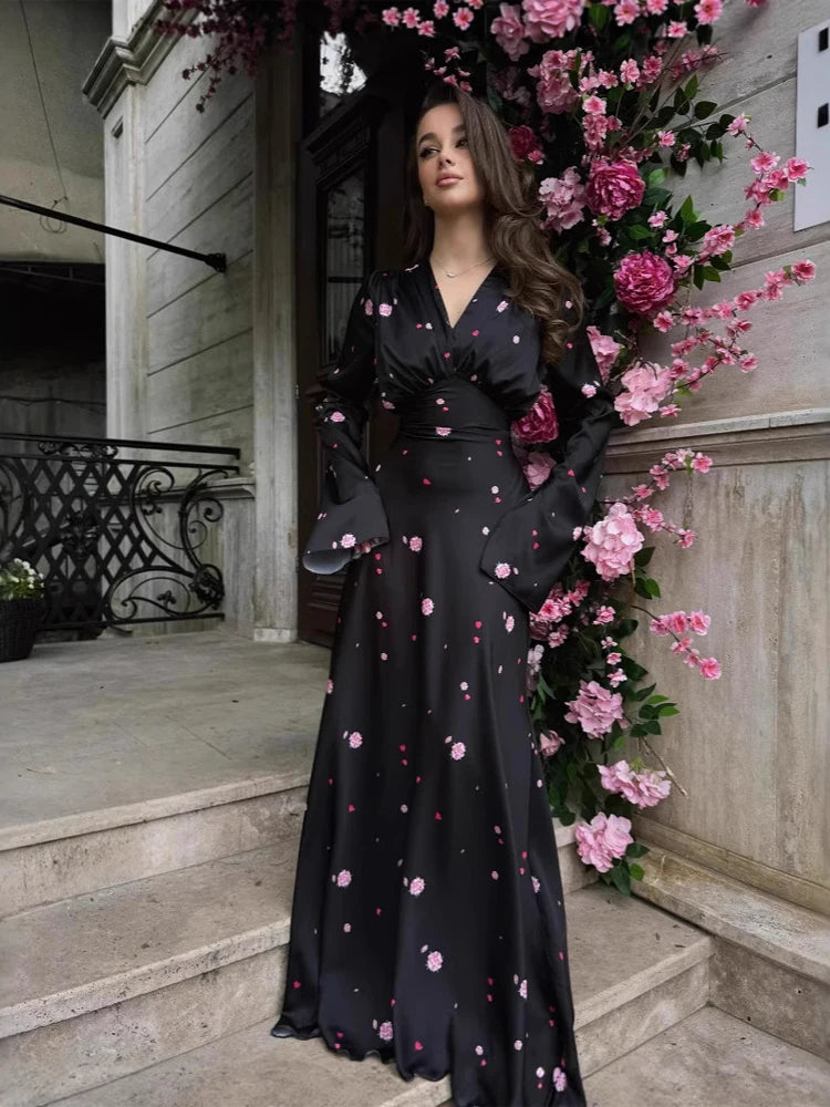 Organza Floral Printed Maxi Dress Women V Neck High Split Puff Sleeve Waist Cinching Ruffle Long Dresses Vacation Summer Outfits