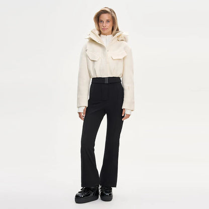 Women's Fashion Ski Suit Hooded Full Sleeve Jacket White High-Waisted Flared Pants Set 2025 Female Fashion Ski Sport Outerwear