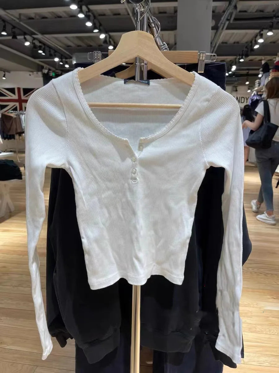 Retro White Ribbed Button T-shirts Women Spring Cotton Round Neck Long Sleeve Tees Female Y2k Streetwear Casual T Shirt Tops