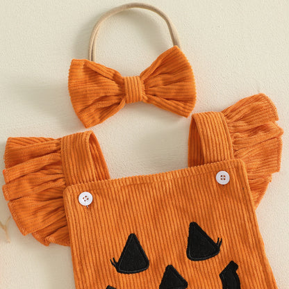 Citgeett Summer Halloween Infant Baby Girl Outfit Pattern Bows Ribbed Flying Sleeve Bodysuit Bow Headband Clothes Set