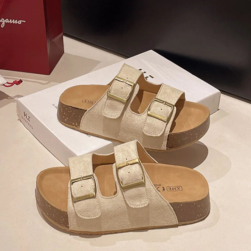 Smile Women's Sandals New Summer Soft-soled Platform Sandals Roman-style Slippers With Belt-buckle Popular Slip-on Flat Slippers