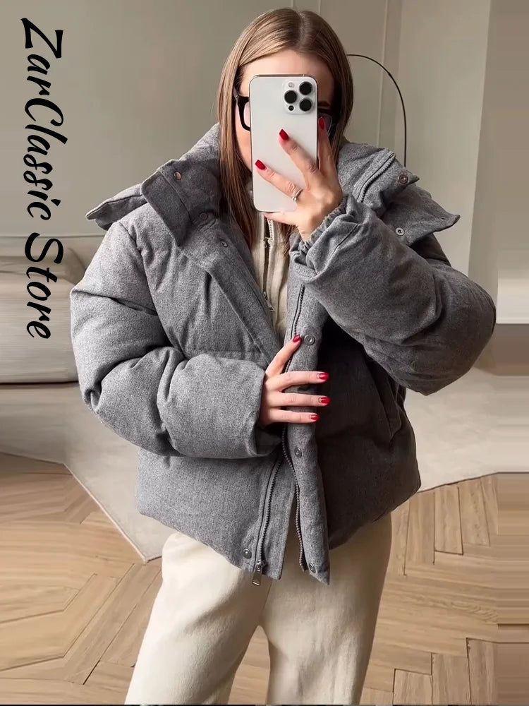 Fashion Women's Winter Jacket Casual Solid Hooded Full Sleeve Zip-up Loose Padded Coats New Street Chic Warm Outwear 2026