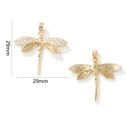 2PCs Brass Insect Pendant For Necklace Making 18K Gold Plated Micro Pave Clear Cubic Zirconia Dragonfly Charms DIY 29mmx29mm