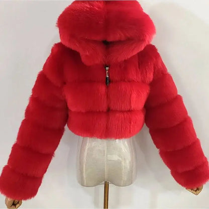 S-6XL Women Coat Autumn Winter Short Hooded Faux Fox Fur Coat Thick Warm Outerwear Fake Fur Woman Jackets Ladies Furry Coats