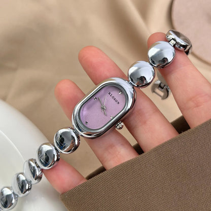 Women's Watches Oval Dial Round Bead Bracelet Fashion Versatile Light Luxury Waterproof Quartz Wristwatch